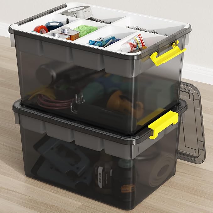 80Qt Stackable Storage Bins with Lids Trays Craft Box Organizers, 2Pack, GY | Clear Plastic Latching Boxes Organizers with Dividers Portable Containers for Arts & Crafts, Home Office Classroom Car Trunk
