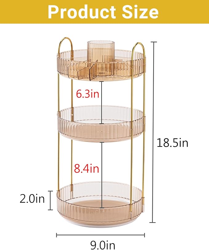 Asayuee 360 Rotating Makeup Organizer,3 Tier Large Capacity Make Up Organizers and Storage,Skincare Perfume Vanity Organizers,Bathroom Cosmetics Storage Organizer Countertop(Gold)