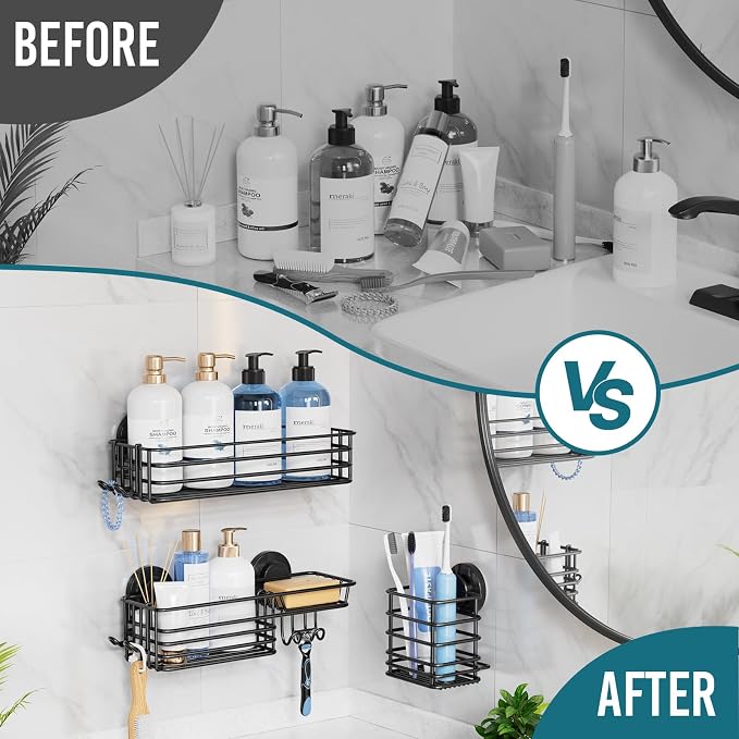 TAILI Shower Caddy Suction Cup, 3 Pack Shelves for Inside with Hooks & Soap Holder Toothbrush Cups, Removable Bathroom Organizer, Rustproof Black Shelves