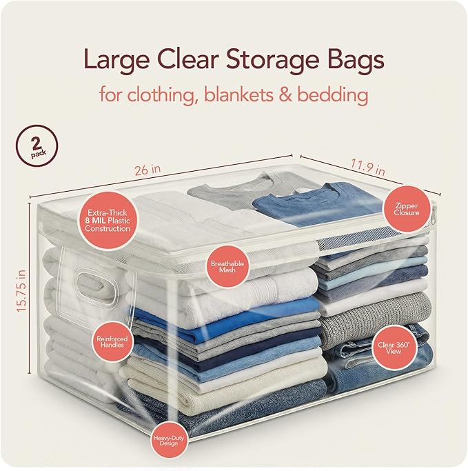 Clear Storage Bags with Zipper, 2 Pack — Comforter Storage Bag, Blanket Storage Bag & Clothes Storage Bag for Under Bed, 20 Gallon Jumbo Transparent Plastic Bag for Bedding, Quilts & Seasonal Storage