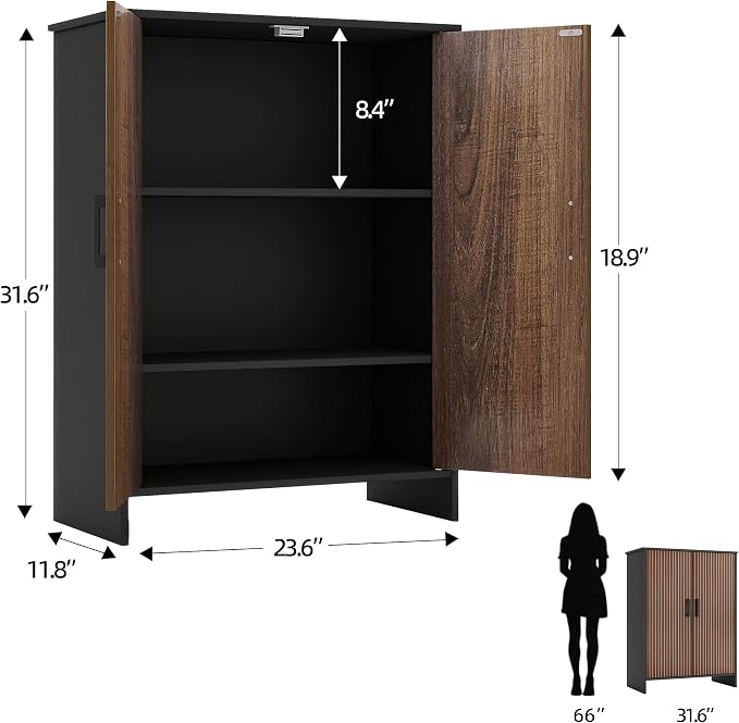 Bathroom Storage Cabinet, Floor Cabinet with 2 Fluted Doors and 2 Adjustable Shelves Wooden Freestanding Organizers and Storage, Black