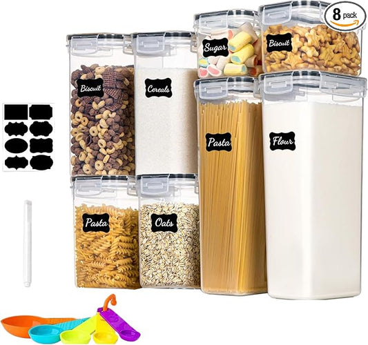 8pc Clear Airtight Canisters with Lids, Kitchen Dry Pantry Storage | 8pk clear airtight containers lock moisture out. Stackable plastic organizers for all your kitchen pantry dry foods