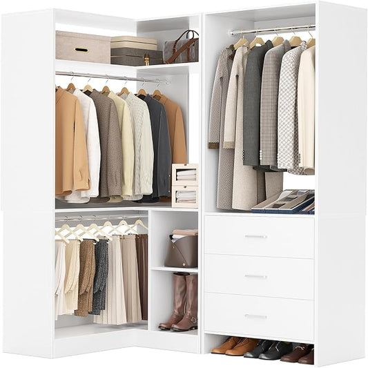Aheaplus Closet System with 3 Drawers, 2 Hanging Rods & Corner Tower, Corner Closets System with Hanging, L-Shaped Walk-In Wardrobe Organizer, 1300+ lbs Capacity, Set of 2, White
