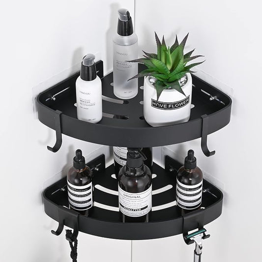 DUFU Adhesive Corner Shower Caddy with Hooks, Black, 2 Pack | Bathroom Shower Organizer, No Drilling, Rust Proof Aluminum Shower Shelf For Inside Shower