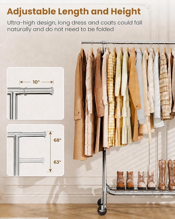 Heavy Duty Clothing Rack, Metal Clothes Rack Load 450 LBS, Rolling Coat Racks for Hanging Clothes with Lockable Wheels, Wardrobe Closet Garment Racks for Bedroom, Silver