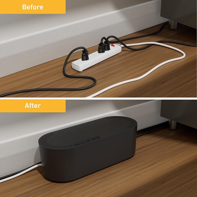 D-Line Cable Management Box with 6 AC Outlet 6ft Power Strip, Hide Extension Cords and Excess Wire Clutter, 16.5in (L) x 4.5in (H) x 5in (W) - Large, Black