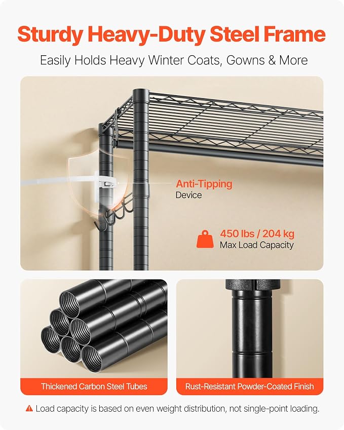 VEVOR Clothing Garment Rack, Heavy Duty Closet Wardrobe, Adjustable Tiers Clothes Racks with Steel Frame, for Bedroom, Clothing Store, Hallway