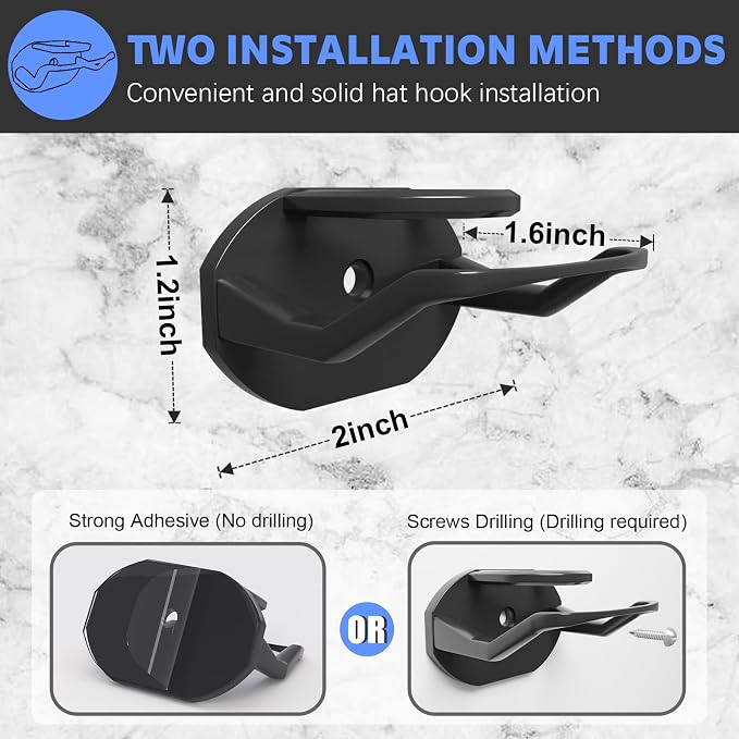16 Pack Adhesive Hat Hooks for Wall, Super Strong Hat Rack for Baseball Caps, Hat Organizer Display for Home Decor, Hat Hangers Holder for Wall, Door, Closet, No Drilling - USA Patented (Black)