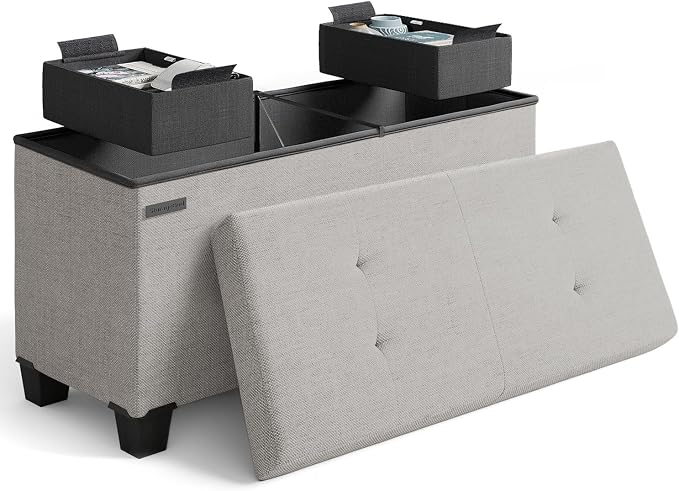 Storage Ottoman Bench with Bins, 30-in Storage Bench for Bedroom End of Bed, Folding Foot Rest Ottoman for Living Room Max 660lbs, Fabric Ottomans, Light Grey