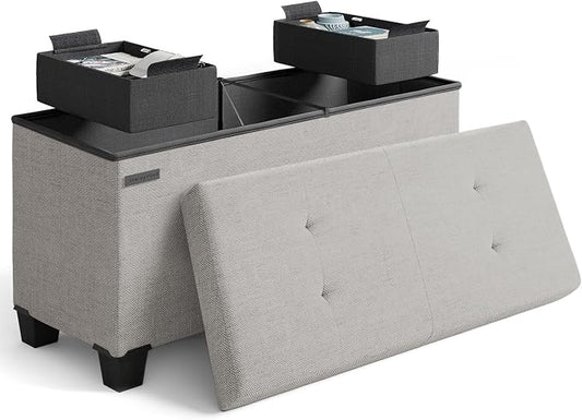 Storage Ottoman Bench with Bins, 30-in Storage Bench for Bedroom End of Bed, Folding Foot Rest Ottoman for Living Room Max 660lbs, Fabric Ottomans, Light Grey