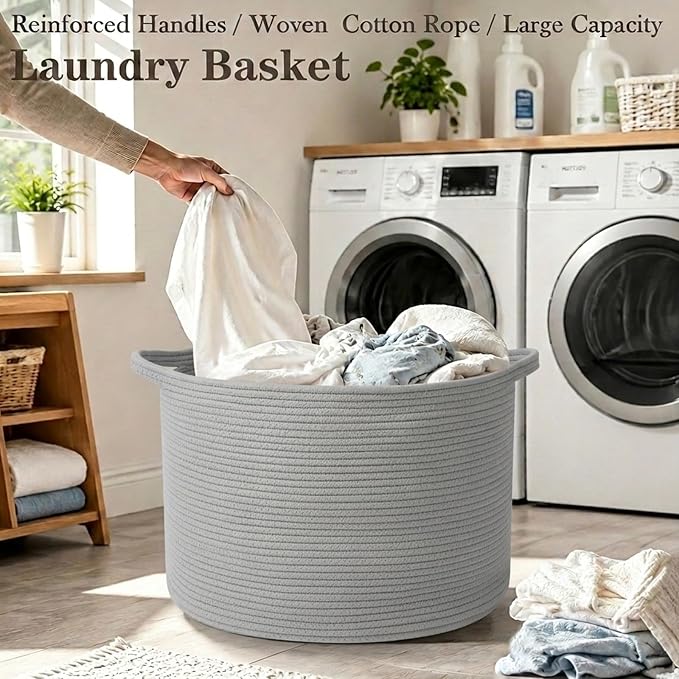 90L Extra Large Blanket Basket,Woven Rope Laundry Basket-Light Grey | Collapsible, reinforced handles, nursery storage bin organizes clothes, toys and pillows for living room, bedroom bathroom