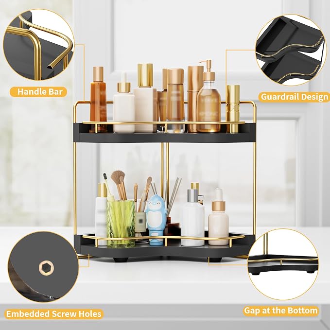 2-Tier Corner Bathroom Counter Organizer, Larger Size | Embedded Screw Holes, Sturdy & Stable, Oversized, Holds More, Vanity Shelf for Makeup & Skincare