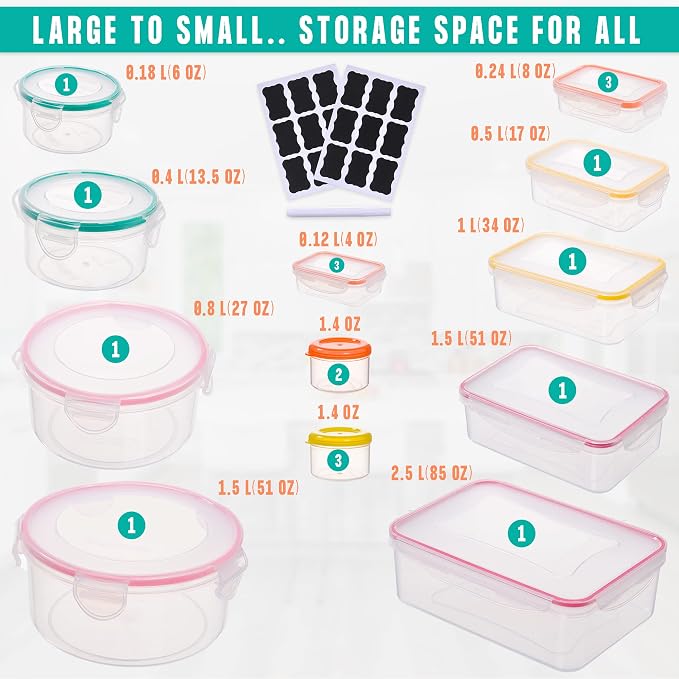 38 Pcs Large Food storage containers-85 oz to Small Container Stackable Kitchen storage bowls sets-BPA Free Leak proof Plastic food Storage Containers with lids airtight-Microwave freezer safe | Stackable Kitchen Pantry storage bowls sets-BPA Free Leak...
