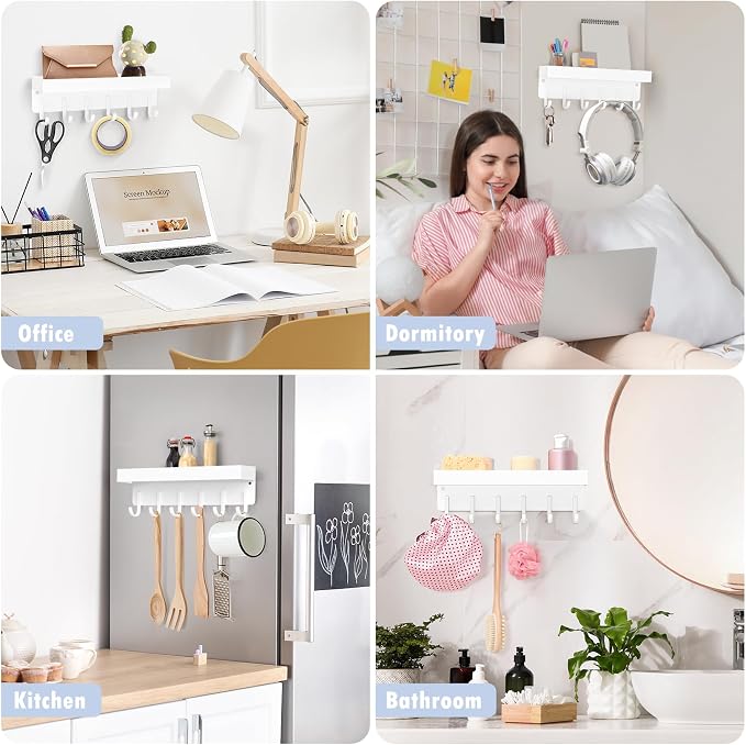 Magnetic Key Holder, Wall Mount Key Rack with Shelf, 9.65 in, White | Metal Material, Small Size, 6 Metal Hooks, 2 Installation Ways, for Fridge, Entryway, Kitchen, Bathroom, Garage, RV, Office