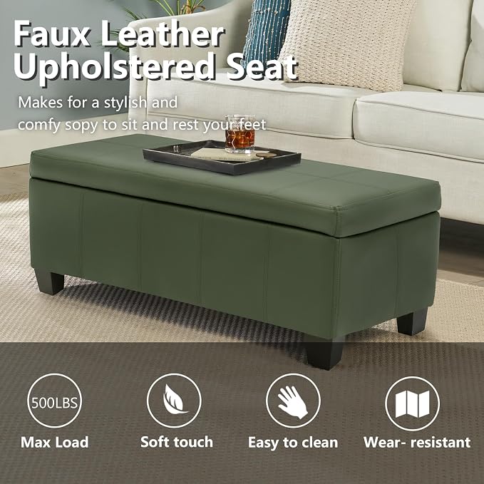 41" Storage Ottoman, Storage Bench with Safety Hinge, Upholstered Synthetic Leather Ottoman Bench for Bedroom, Living Room, Entryway, Hallway, Foot Rest, Support 500lbs