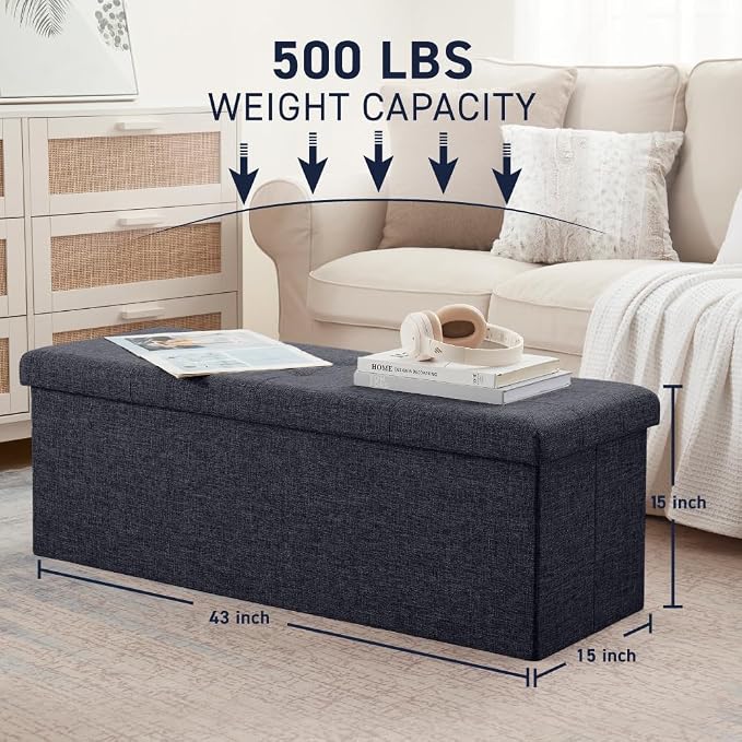 Ornavo Home 43 Inch Folding Extra Large Storage Bench, Linen, Black | Upholstered Tufted Ottoman with Lid; Foot Rest Stool; Ideal for Bedroom, Living Room or Entryway