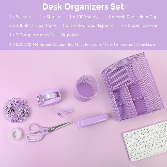 SKYDUE Purple Office Supplies, Purple Desk Organizer for Kids, Mesh Desk Organizer, Stapler, Tape Dispenser, Scissors, Binder/Paper Clips and 1000pcs Staples, Girls Desk Accessories