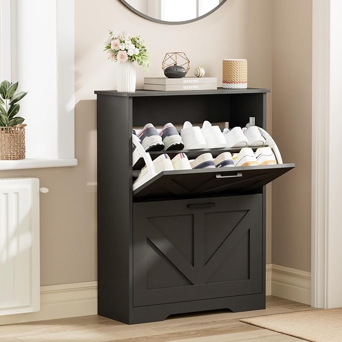 Homleke Farmhouse Shoe Cabinet for Entryway, 2 Barn-Style Flip Drawers | Narrow Shoe Storage Organizer, Top Display Shelf, Adjustable Shelves, Shoe Rack, for Hallway Closet, 24" Wide, Black