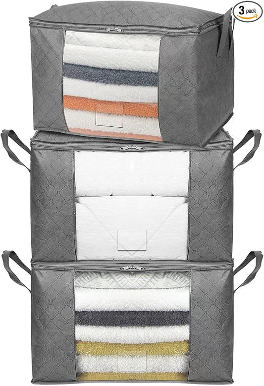 Amazon Basics Foldable Large Clothes Storage Bags with Clear Window & Carrying Handles, Closet Organizers, Zipper, 3-Pack, Gray