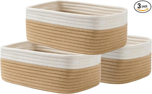 KALLAX Small Woven Storage Basket for Organizing, 12 x 8 x 4.5 inch, 3 Pack | Shelf baskets for closet organization, toy storage and home decor, Perfect as empty gift baskets for holidays, White & Brown