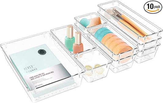 10 PCS Drawer Organizer Set, 5 Size Bathroom and kitchen organizer Trays | Bathroom and kitchen Drawer cabinet organizer Trays, Clear Storage Bins for Makeup, Jewelry, Utensils and Gadgets