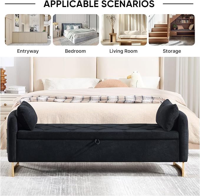 65" Storage Ottoman Bench, Chenille Storage Bench for Bedroom, End of Bed Storage Bench with Tufted Upholstered and Gold Legs, Bedroom Benches with Arms Window and Entryway, Black