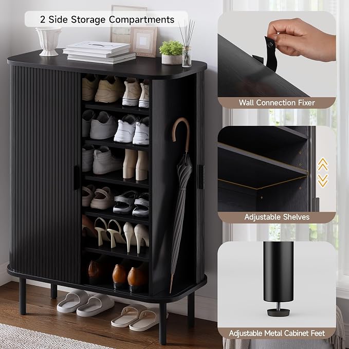 ONBRILL 6-Tier Shoe Cabinet with Sliding Door, Wooden Shoe Storage Cabinet with Adjustable Shelves, Mid-Century Modern Freestanding Shoe Storage Organizer for Entryway, Hallway, Living Room, Black