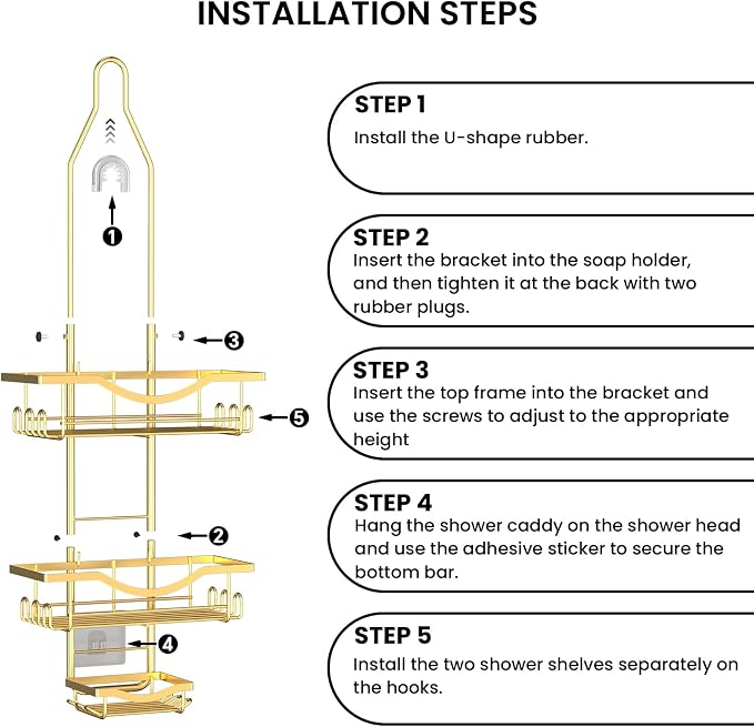 Shower Caddy Hanging Adjustable Shower Caddy, Rustproof Shower Organizer Extended Length Showers Caddy Over Shower Head with Hooks Soap Holder, Large Capacity Anti-Swing Bathroom Organizer, Gold | Shower Caddy Over Showerhead, Extra Long, No Drilling, ...