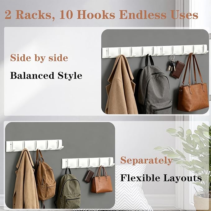 Folding Coat Hooks, Wall Mounted Coat Rack with 10 Retractable Hooks,Heavy Duty Towel Rack for Bathroom Wall Hook for Hanging Clothes Bathrobe, Stainless Steel Coat Hanger for Entryway(White)