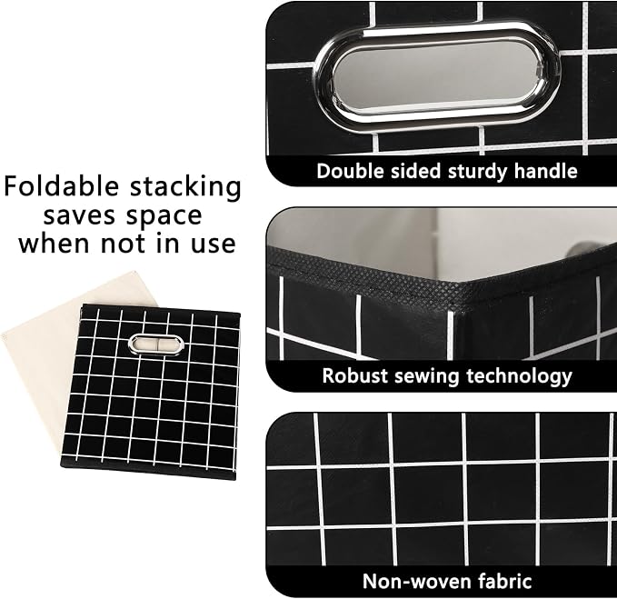 Yunkeeeper storage bins Cubes, Fabric Cube Organizer with Handle, Foldable Cube Bins for Cloth or Accessary Storage, 11x11x11, Set of 6, (Black grid)
