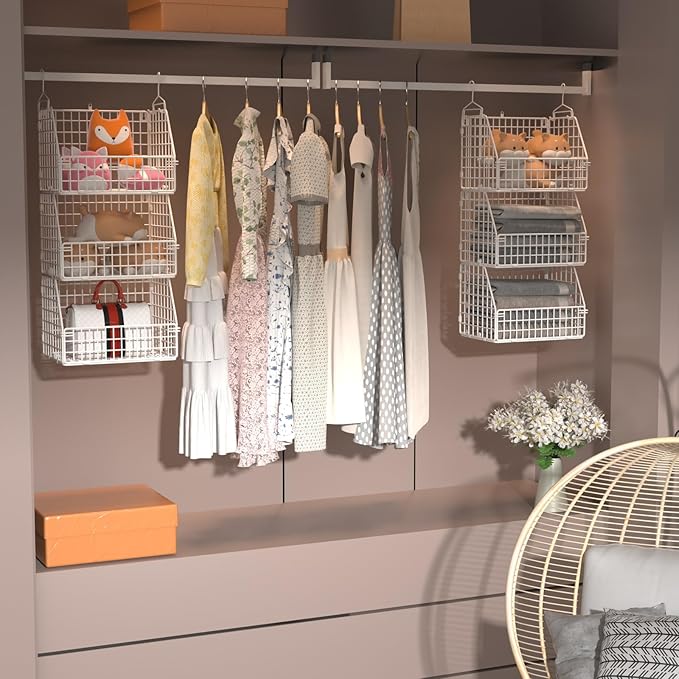 PUPPYCUTE Hanging Closet Organizer and Storage, Clothes Hanging Shelves Wire Baskets for Clothing Sweaters Purse Handbags Shoes White 5 Tier