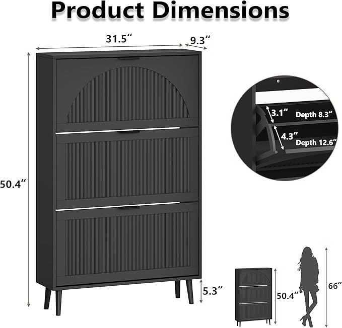 BORNOON Shoe Cabinet for Entryway with 3 Flip Drawers, Slim Wooden Shoe Storage Organizer with Modern Fluted Pannel，Freestanding Narrow Hidden Shoe Rack for Hallway, Foyer, Living Room