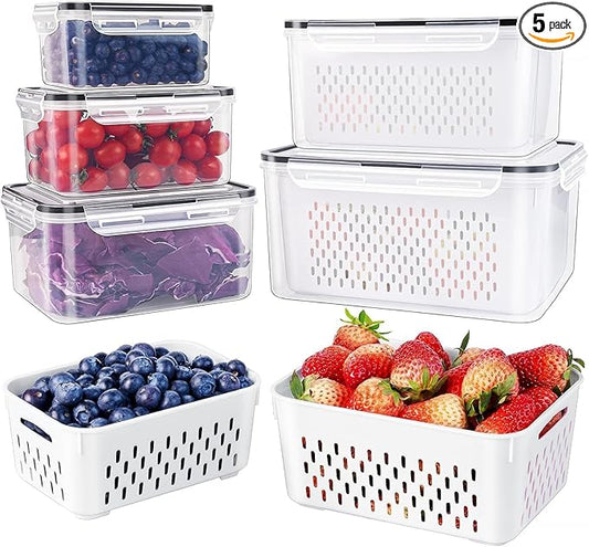 5 PCS Large Fruit Containers for Fridge - Leakproof Food Storage Containers with Removable Colander - Dishwasher & microwave safe Produce Containers Keep Fruits, Vegetables, Berry, Meat Fresh longer | with Removable Colander Leakproof Dishwasher & Micr...