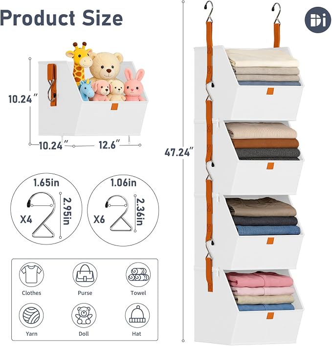 DIMJ Hanging Closet Organizer - 4 Tier Collapsible Hanging Shelves with Hooks Zipper, Fabric Clothes Organizer, Space-Saving Storage Bin Basket for RV, Bedroom, Laundry Organization