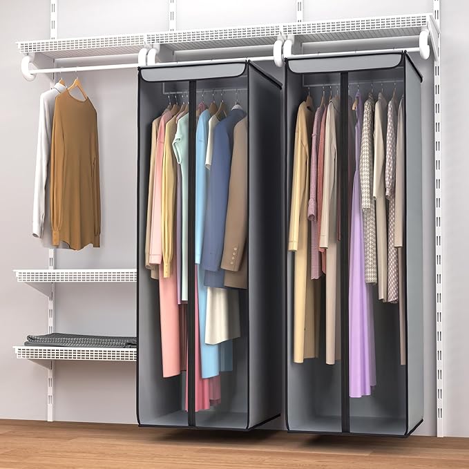 Univivi Garment Bags for Hanging Clothes, Cloth Bag 54 In, 2 PCS, Grey | Large Capacity, Easy Assembly, Clear Window, Dustproof, Durable Zipper, Hanging Garment Storage Bag for Suit, Coat, Dress