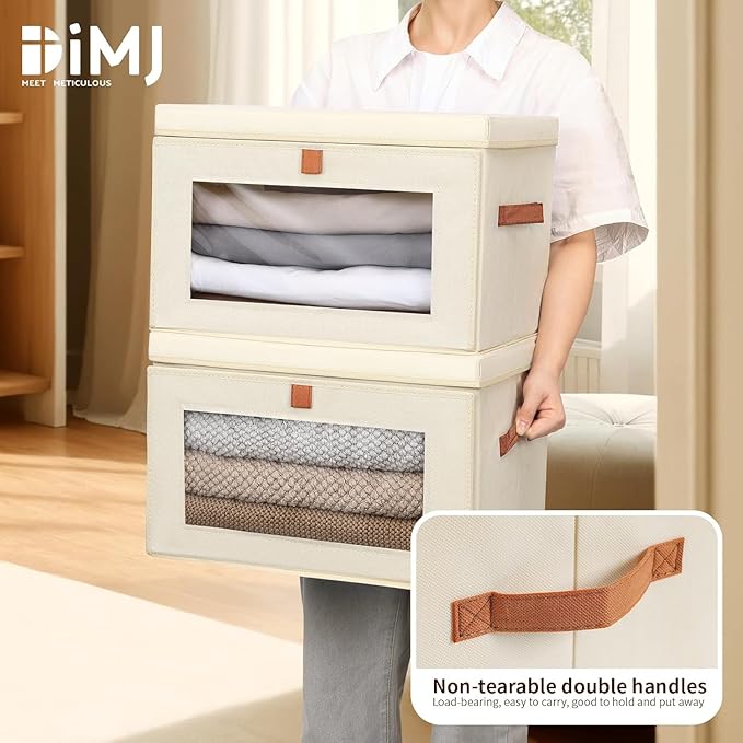 DIMJ Storage Bins with Lids - 8 Pack Large Fabric Closet Organizer with Window & Handles, Collapsible Decorative Storage Boxes for Shelves Under Bed, Books Clothes Blankets Sweaters Organization