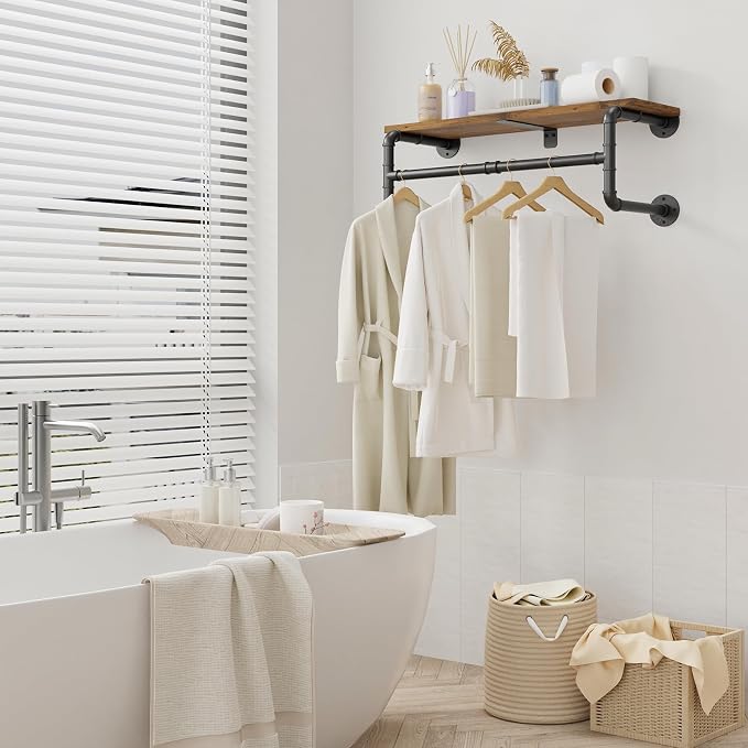 Yawinhe Industrial Pipe Clothing Rack with Shelves,Closet Rod,Rustic Brown | Heavy Duty Detachable Multi Purpose Hanging Rod ;Wall Mounted Rod;Clothing Garment Rail for Homes;Saving Space Clothes Bar