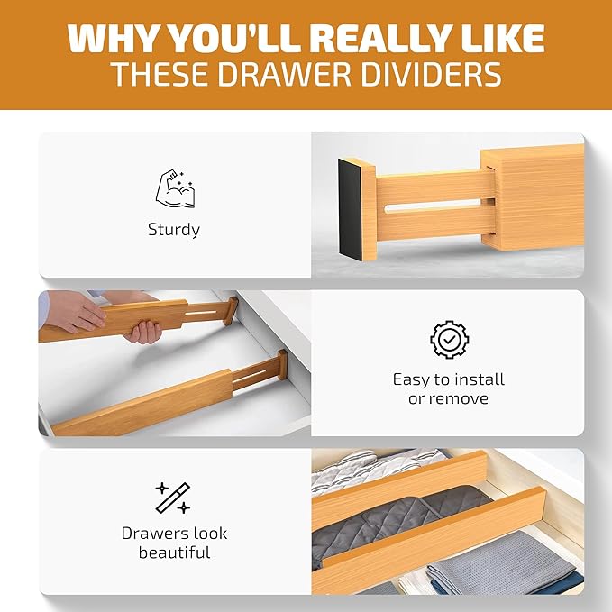 4-Pack Drawer Dividers 2.6-Inch High Dresser Drawer Organizer 16 to 22 Inch | Bamboo, Spring Loaded, No Tools Needed, Fits Wide Drawers for Socks, Clothes, Utensils, Bedroom, Bathroom, Kitchen, Office