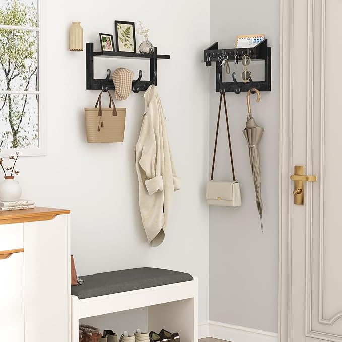 Evermagin 29" Coat Rack Wall Mount with Shelf & 11 Hooks, Entryway, Black | 4-in-1: coat hooks, key hanger, mail holder & display shelf. Pine wood. For bedroom, hallway, mudroom, livingroom
