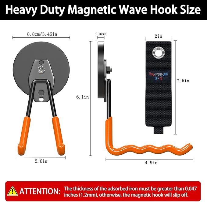 3-H Heavy Duty Magnetic Hooks, Large Magnet Hooks 3.5 inch Base,2 Pack | No-Drill Tool Holder for Garage,Power Drill,Garden Tools,Hose Storage