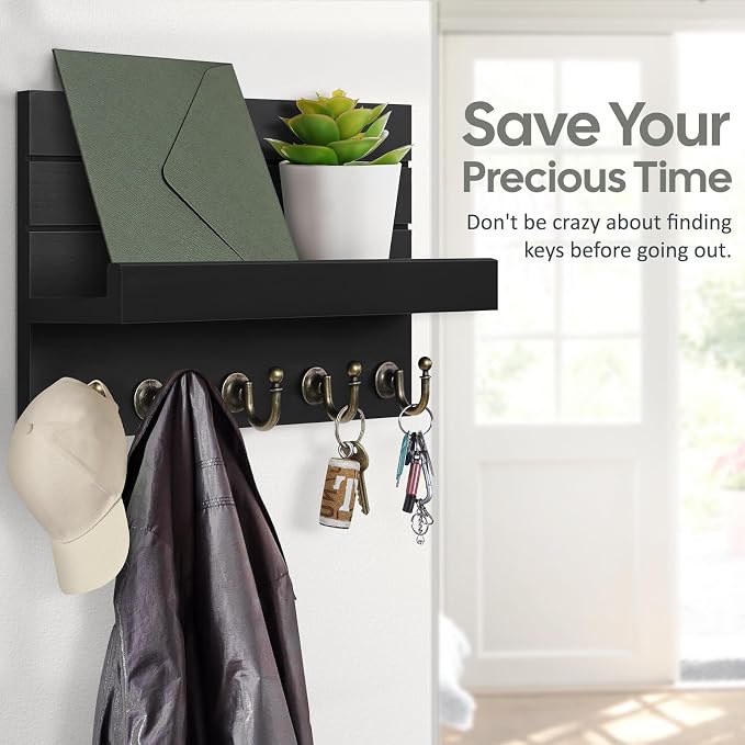HONJIN Key Holder for Wall: Easy Installation Mail Organizer Wall Mount Hanging Key Rack for Kitchen and Entryway Decor with 5 Sturdy Key Hooks (Black)