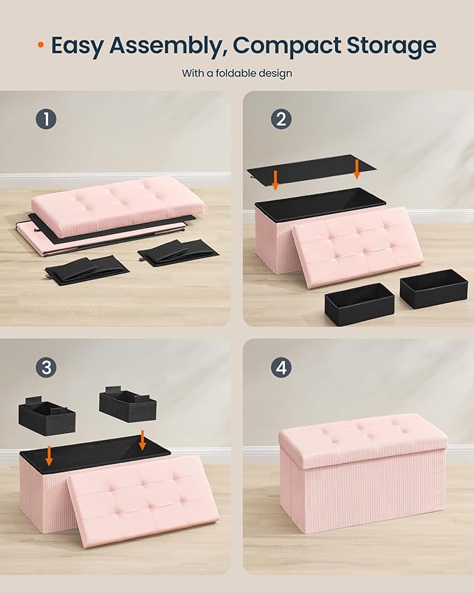 SONGMICS Home Ottoman with Storage, Removable Lid, Folding Storage Chest, Easy Assembly, for Entryway, Bedroom, Living Room, 15.2 x 30.2 x 15.2 Inches, Corduroy, Light Pink