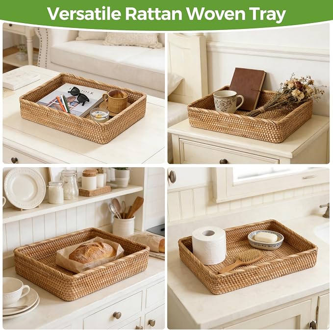 Large Rattan Serving Tray, Rectangle Wicker Storage Basket for Organizing | XL(17.7" × 13.4"), Natural Rattan, Decorative Woven Tray Wicker Basket for Storage, Home Decor, Bathroom