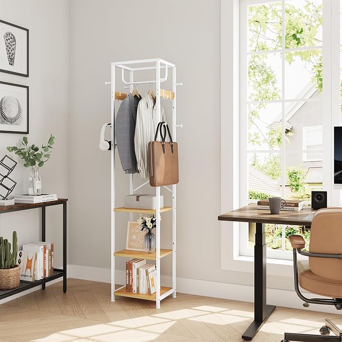 ELYKEN Coat Rack Freestanding, Hall Tree with 3 Shelves and 12 Hooks | Industrial Metal Frame, Space-Saving Design, Clothes Rack Stand Organizer for Bedroom, Hallway, Entryway, Office, Living Room