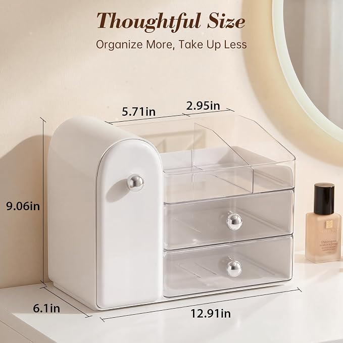Delamu Makeup Organizer for Vanity with Closed Brush Holder, Large Bathroom Counter Organizer with Drawers, Skincare Organizers for Countertop, Storage Perfume Cosmetic Beauty, Girl Gifts (White)