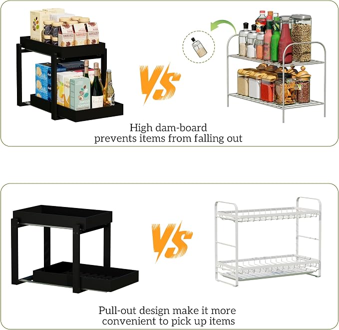 APRTAT 2 Pack Bamboo Under Sink Organizer, 2-Tier Pull Out Storage Drawers | Smooth pull-out drawers keep cleaners and tall bottles visible, organized and easy to reach in kitchen or bathroom cabinets