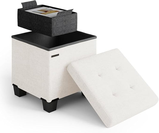 Storage Ottoman Cube with Small Bin, 15-in Square Ottoman with Storage for Living Room and Bedroom, Small Ottomans Foot Rest, Fabric Foot Stools Ottomans Max 330lbs, Cream