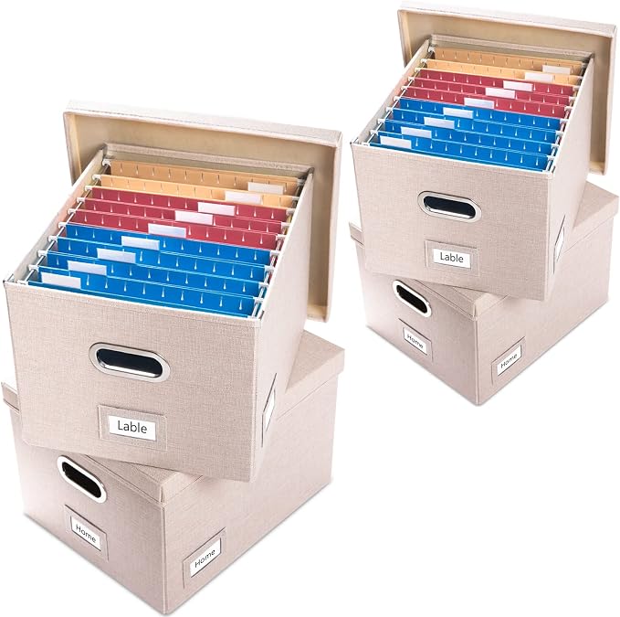 File Organizer Box - Set of 4 Collapsible Decorative Linen Filing Storage Hanging File Folders with Lids Office Cabinet Letter/Legal Size Light Grey (17x14x11.2 inch)
