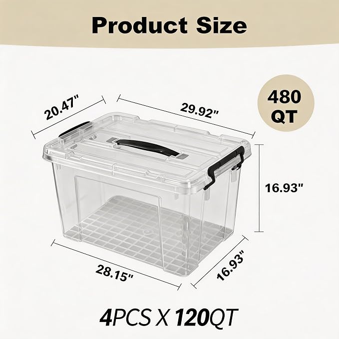 4 Pack 120 QT Plastic Storage Bins with Lids | Clear Stackable Bins with Secure Latches and Handles Heavy-Duty Storage Containers For Home Office and Garage Organization
