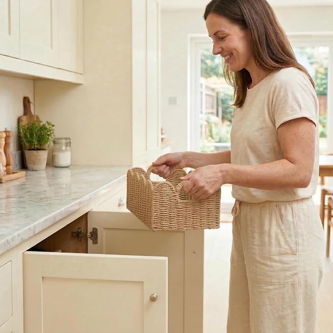 Scalloped Wicker Baskets Set of 3, Hand-Woven Storage with Handles | set of 3 tan scalloped baskets with handles. Hand-woven paper rope for shelves, bathroom or closet. Stackable, sturdy.